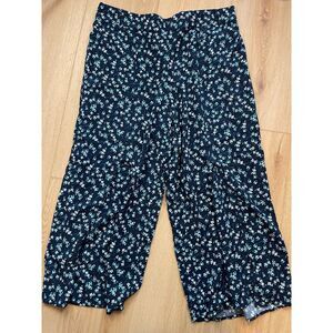 J.Jill  Floral Wide Leg Pants Navy Size L Boho Cottagecore Rayon Flowy Comfy